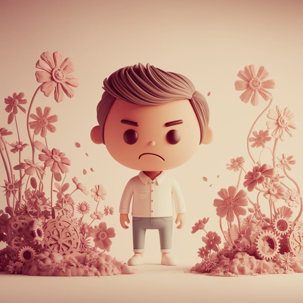 Whimsical Chiral Floralcore Landscape with Grumpy Chibi Char...