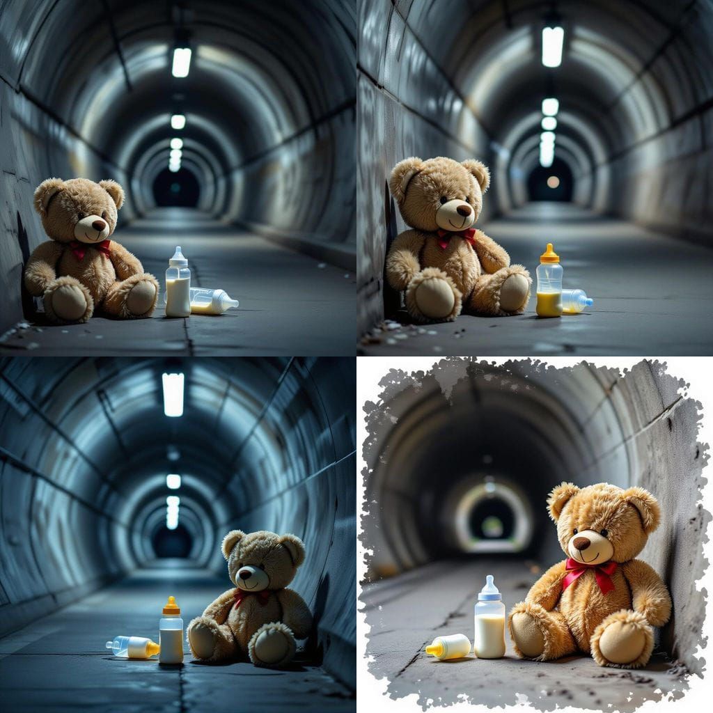 Gloomy Tunnel with Teddy Bear and Baby Bottle
