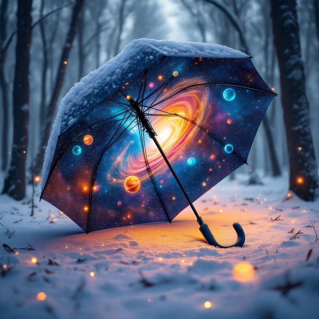 Cosmic Umbrella in Snowy Forest: A Surreal Landscape