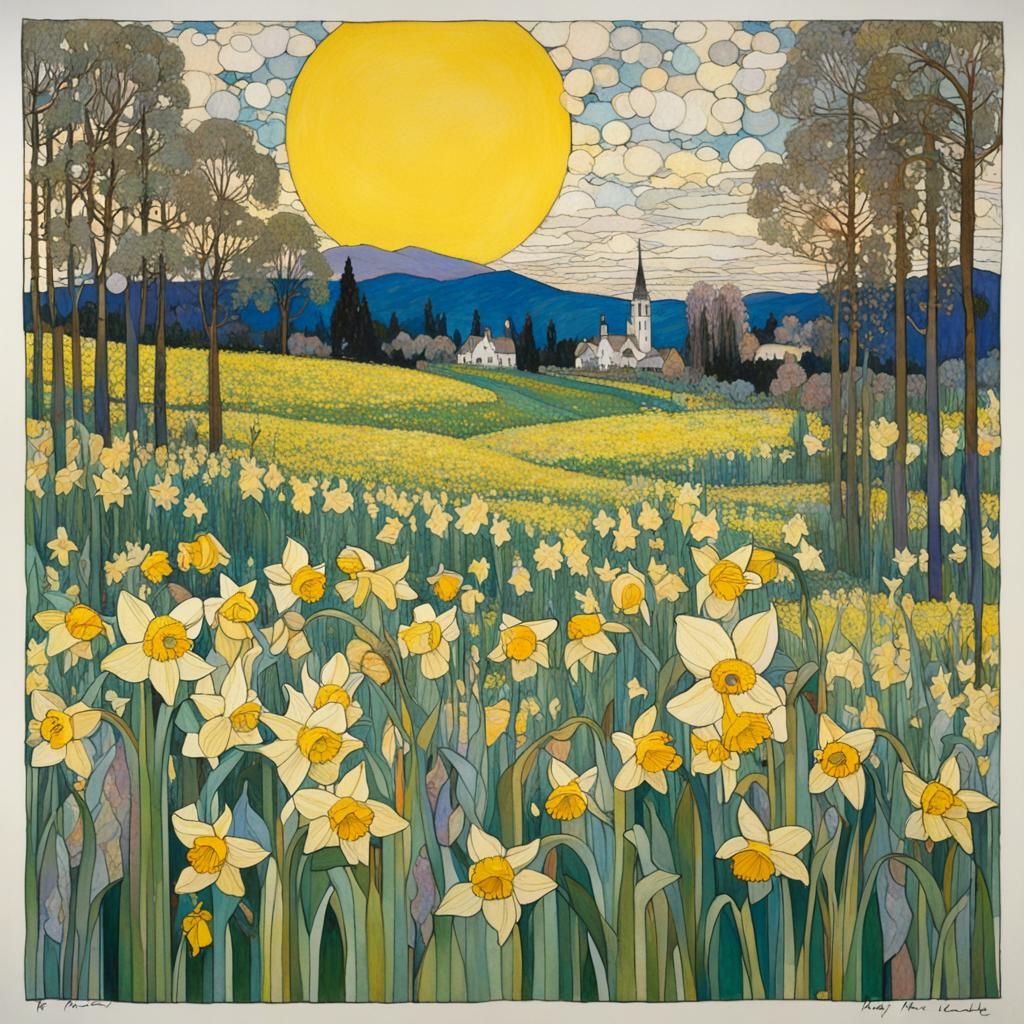 Vibrant Daffodil Landscape in Art Nouveau and Impressionist...