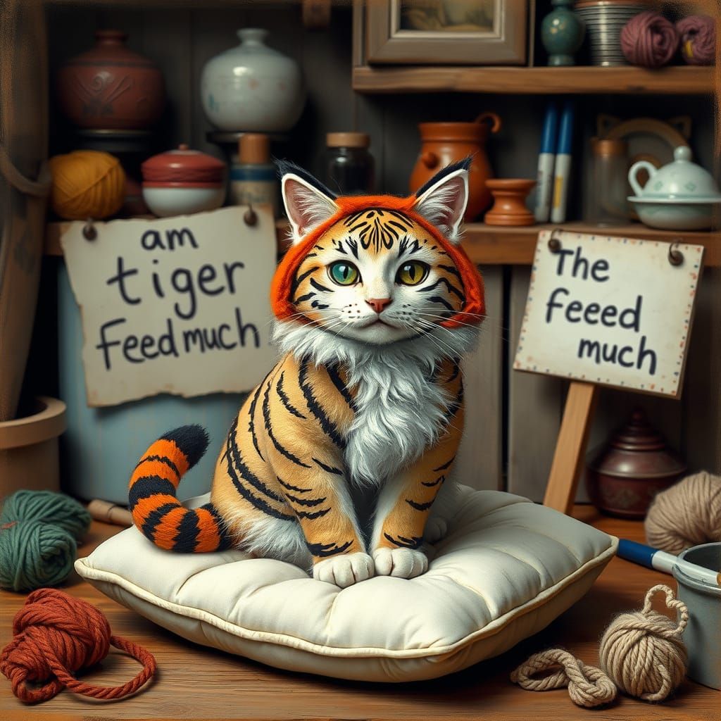 Cat in Tiger Costume on Velvet Cushion