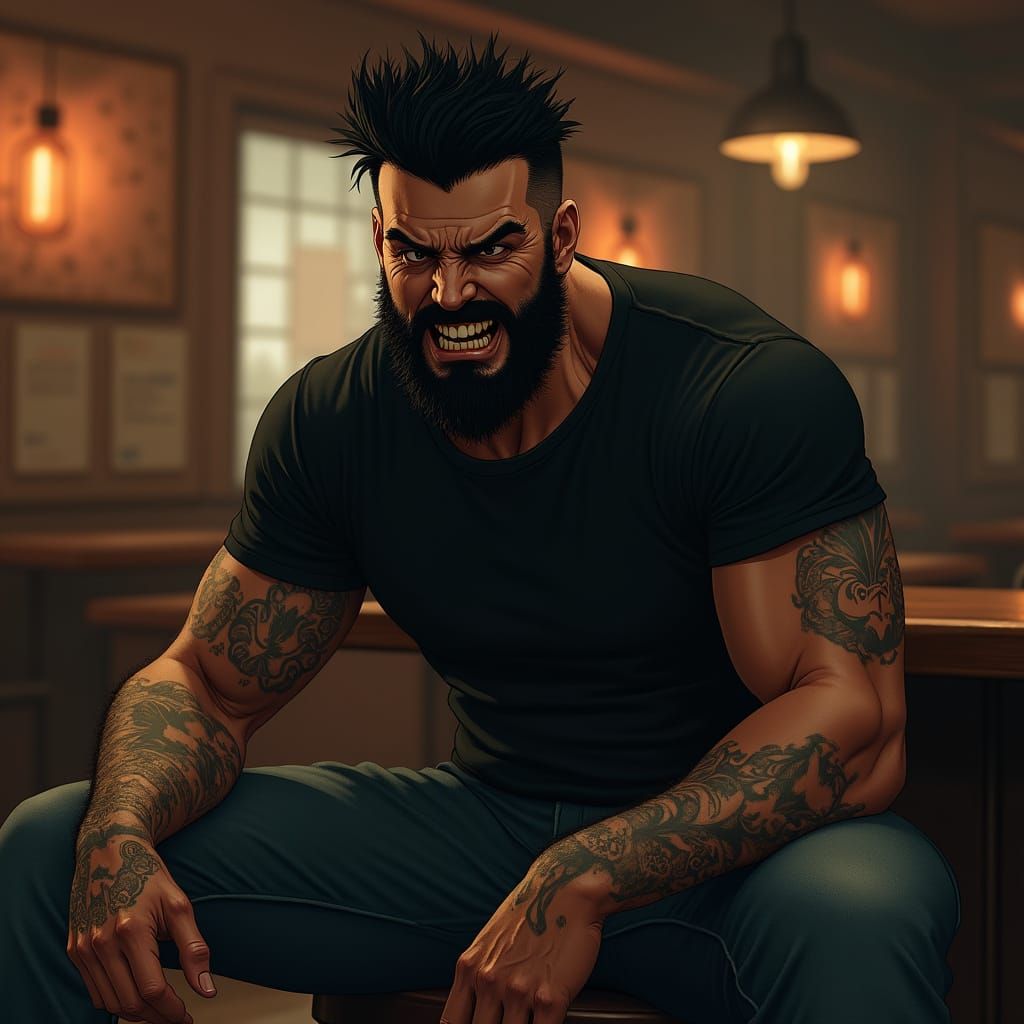 Enraged Man in Roadhouse: Hyperrealistic Digital Art