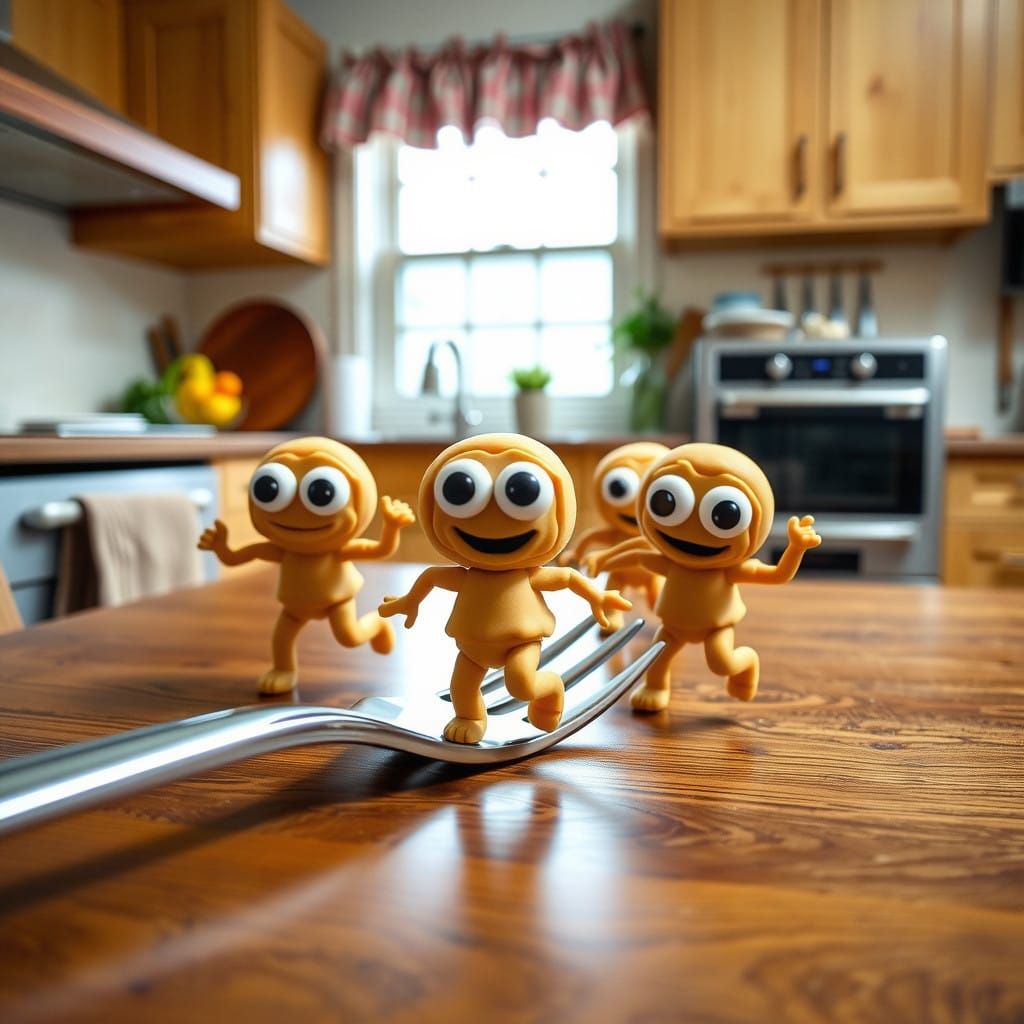 Cute Plasticine Dough Figures Run from Giant Fork