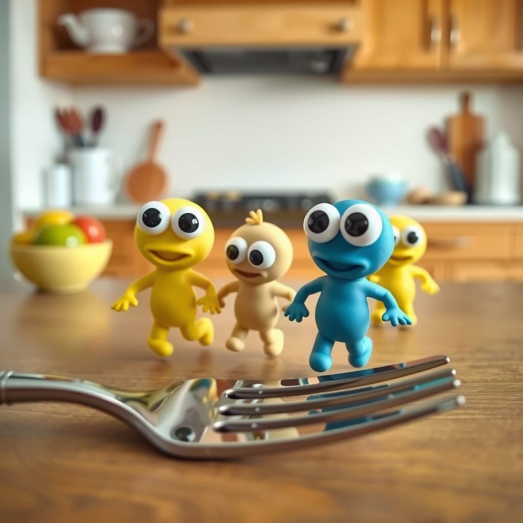 Playful Plasticine Figures Flee Giant Fork in Whimsical Kitc...