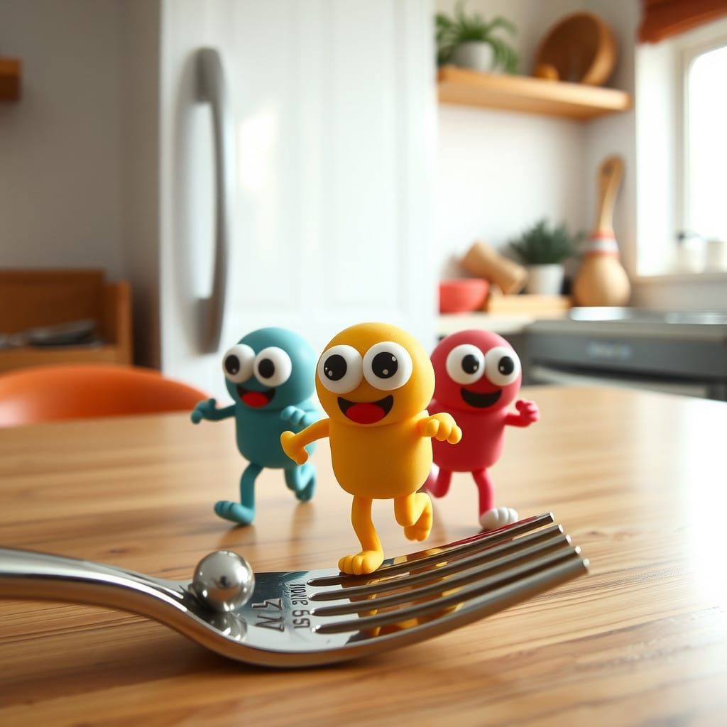 Playful Plasticine Figures Flee from a Giant Fork in a Whims...