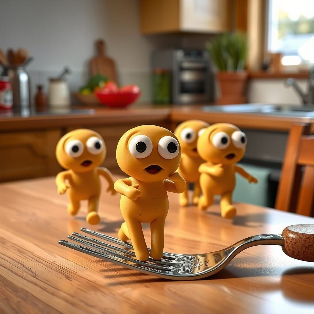 Playful Plasticine Figures Flee Giant Fork