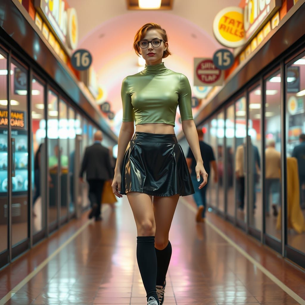 Young Woman in Latex Fashion at Arcade