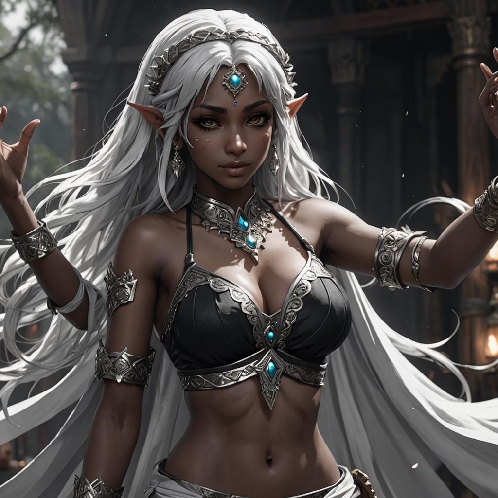 Anime Elf Belly Dancer in Grayscale Charcoal