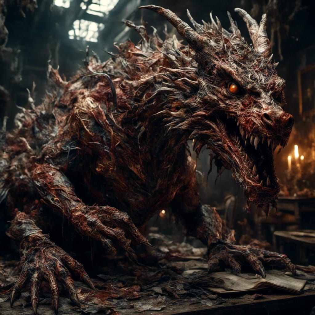 Creepy Porcelain Dragon Zombie Portrait in Macabre Style