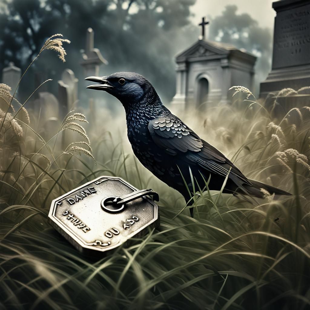 Starling in Cemetery Holding Dog Tags