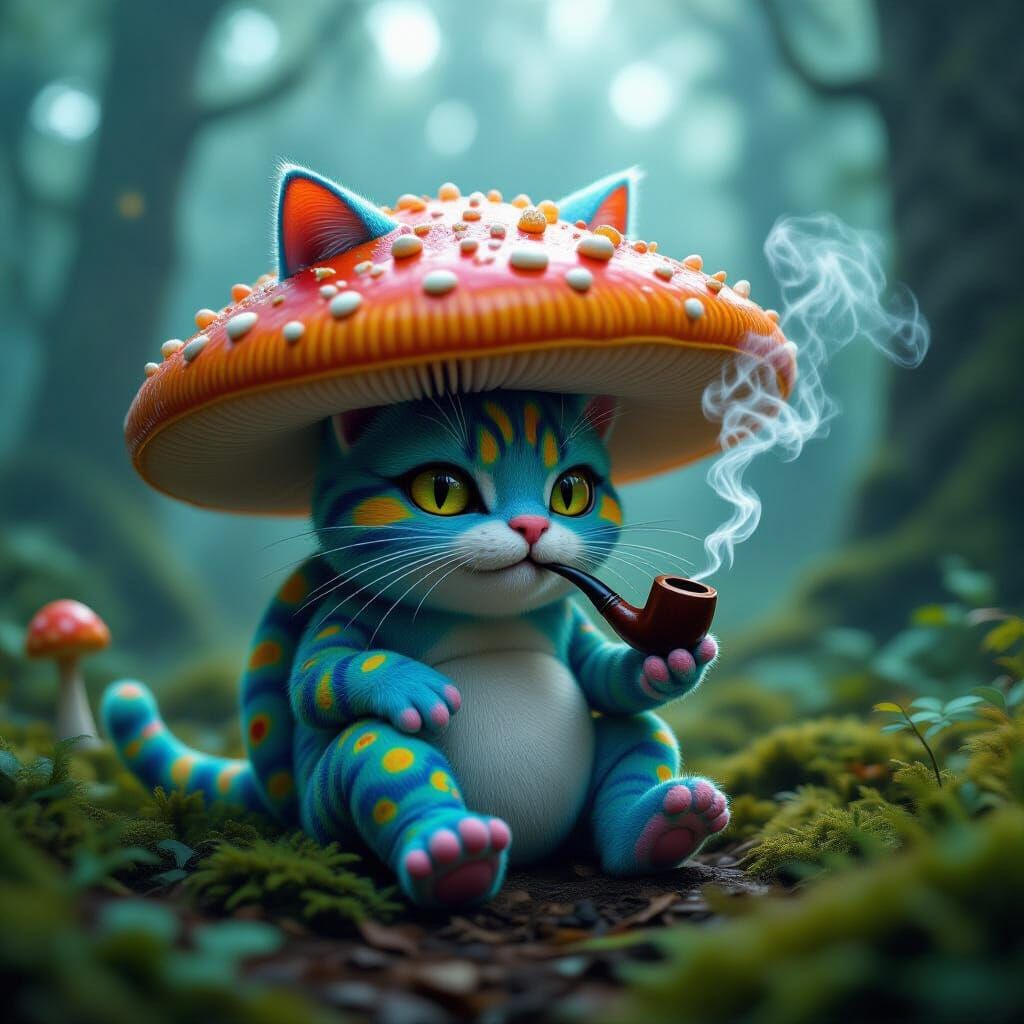 Psychedelic Mushroom Cat Sage in Misty Enchanted Forest