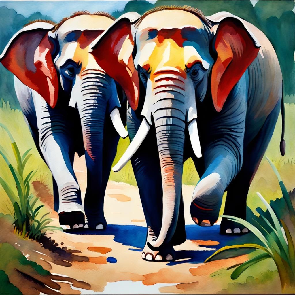 Elephants Carrying Log in Gouache Style