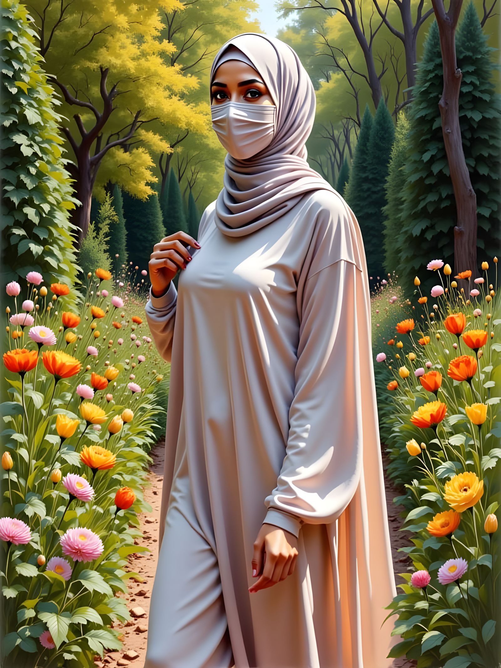 Woman in Hijab in Botanic Garden Painting