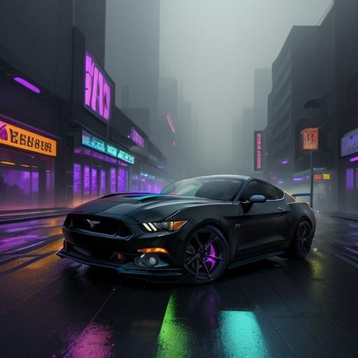 Sleek Mustang V8 Races Through Neon Cityscape