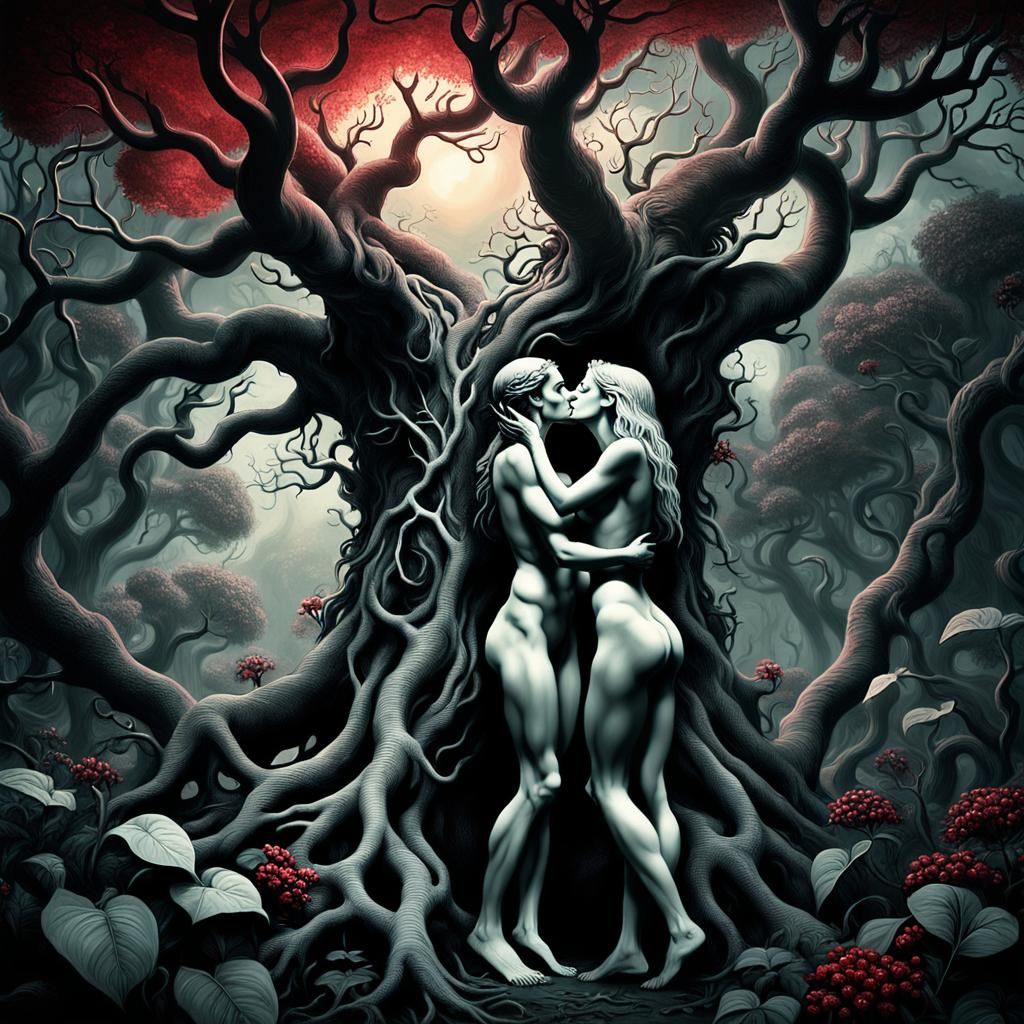 Adam and Eve's Kiss in a Surreal Dark Eden