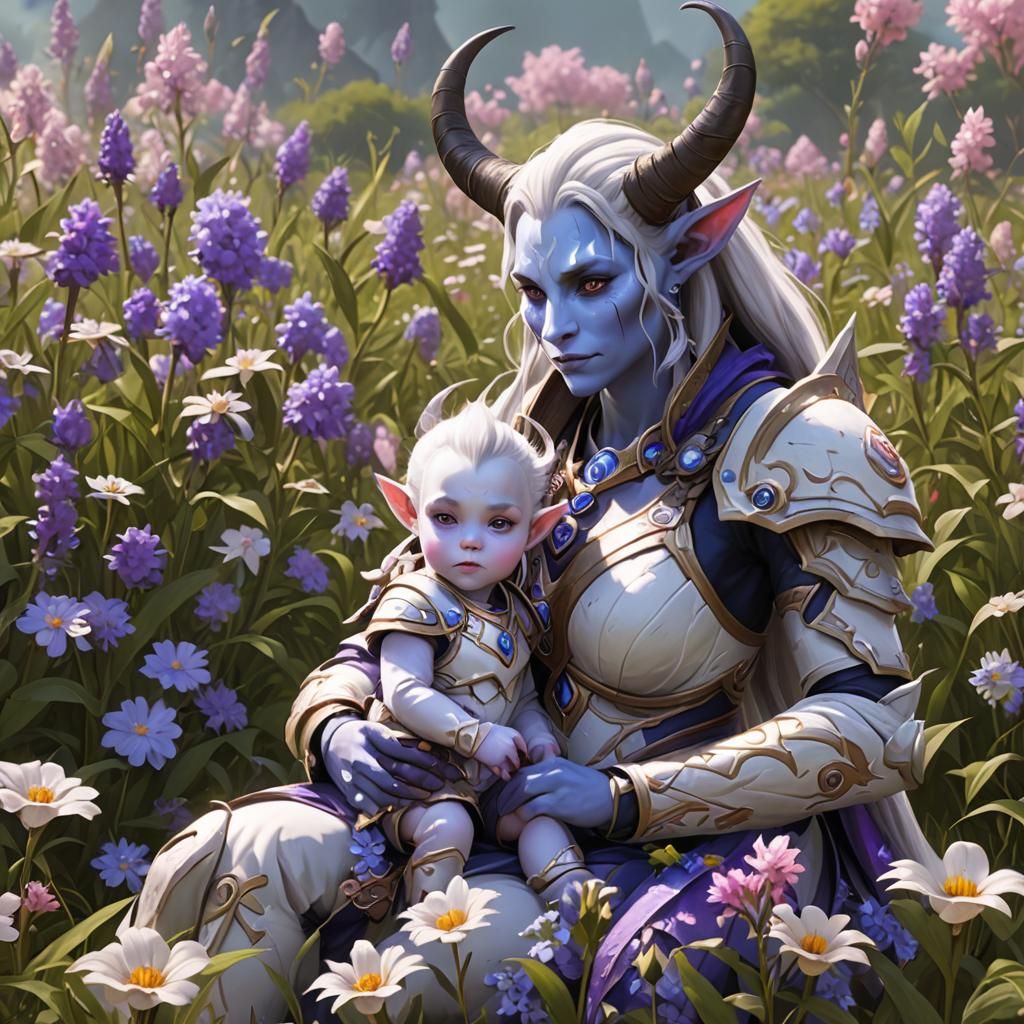 Baby Draenei and Mother in Flower Field