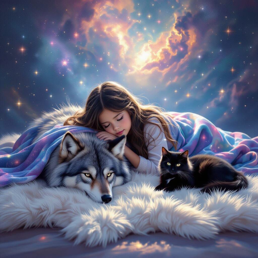 Girl with Wolf Rug, Galaxy Blanket and Black Cat