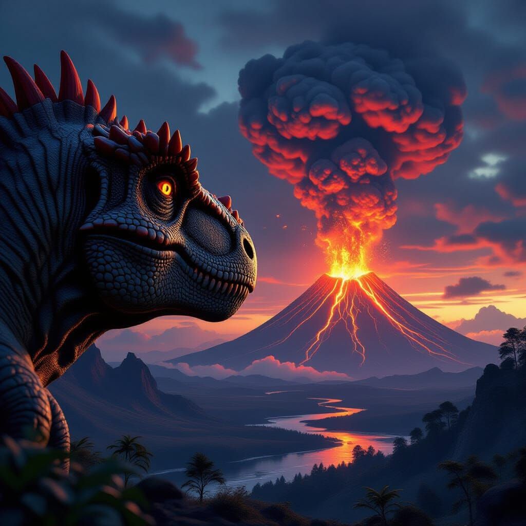 Dinosaur Eye Reflecting Volcanic Eruption in Hyperrealism