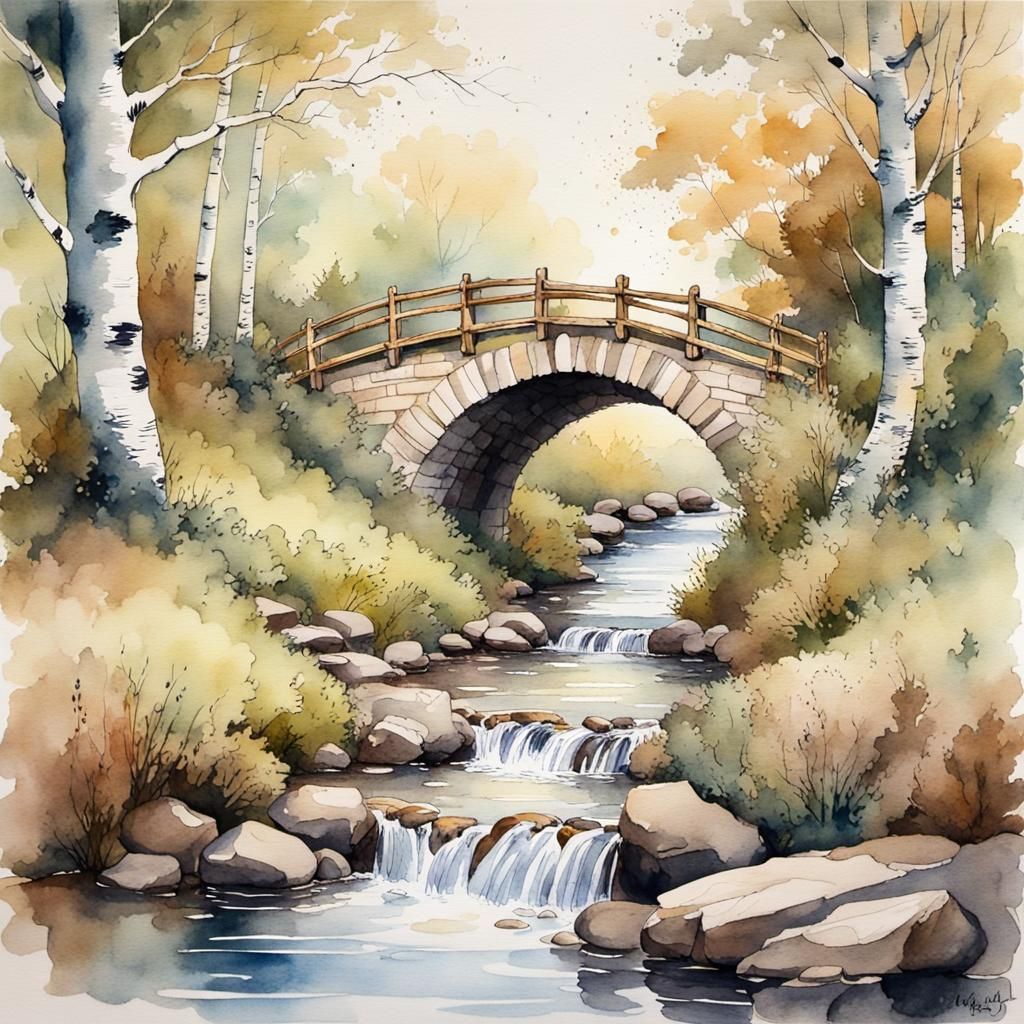 Victorian Watercolour of Stream in Birch Wood