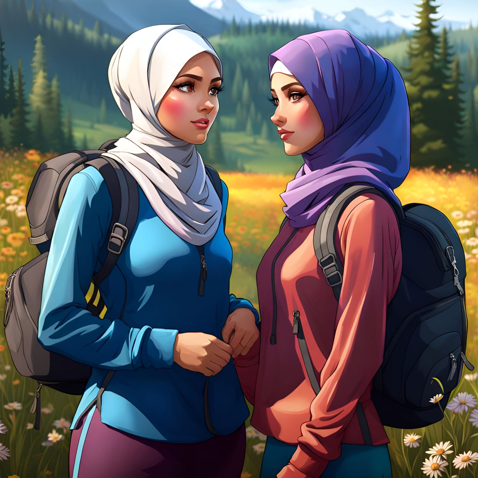 Hiking Women in European Countryside: Digital Art Portrait