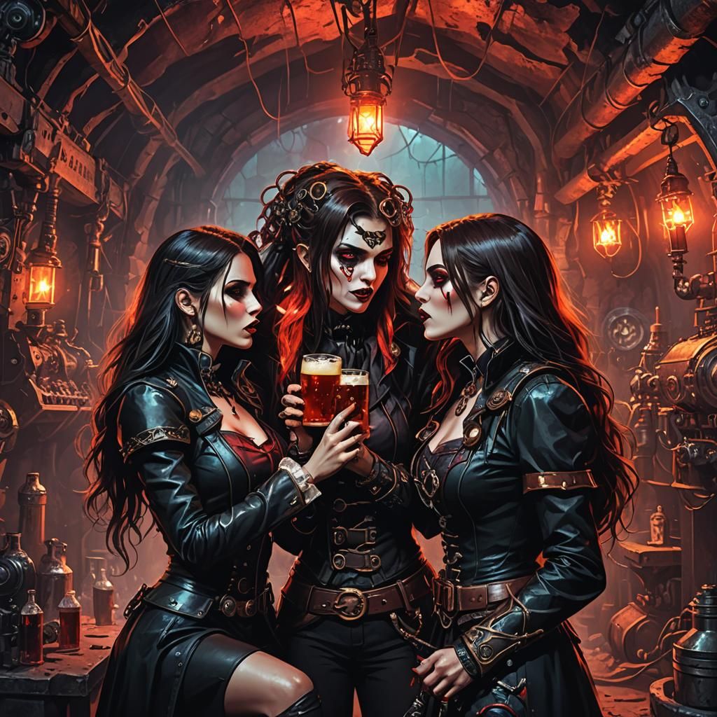 Vampire Kiss in Neon Cave with Steampunk Engine