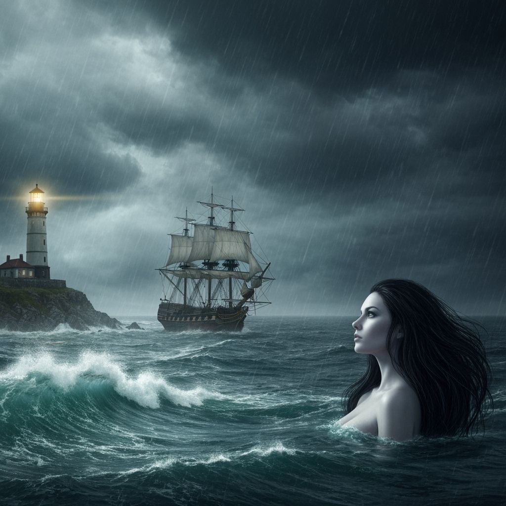 Mermaid in Storm Watches Ship and Lighthouse