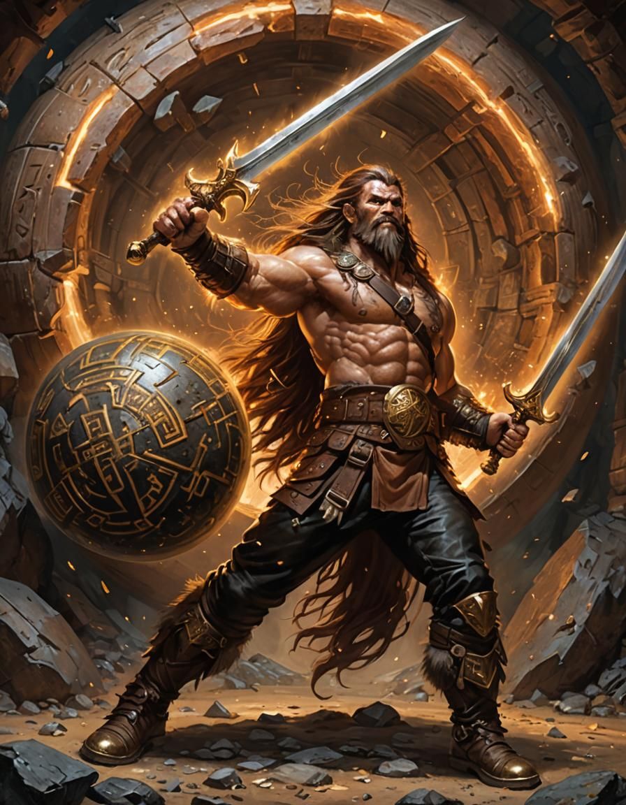 Dwarf Barbarian Protecting Runestone in Cavern