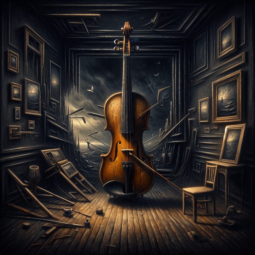 Surreal Oil Painting of Vivaldi-Inspired Violin in Melanchol...