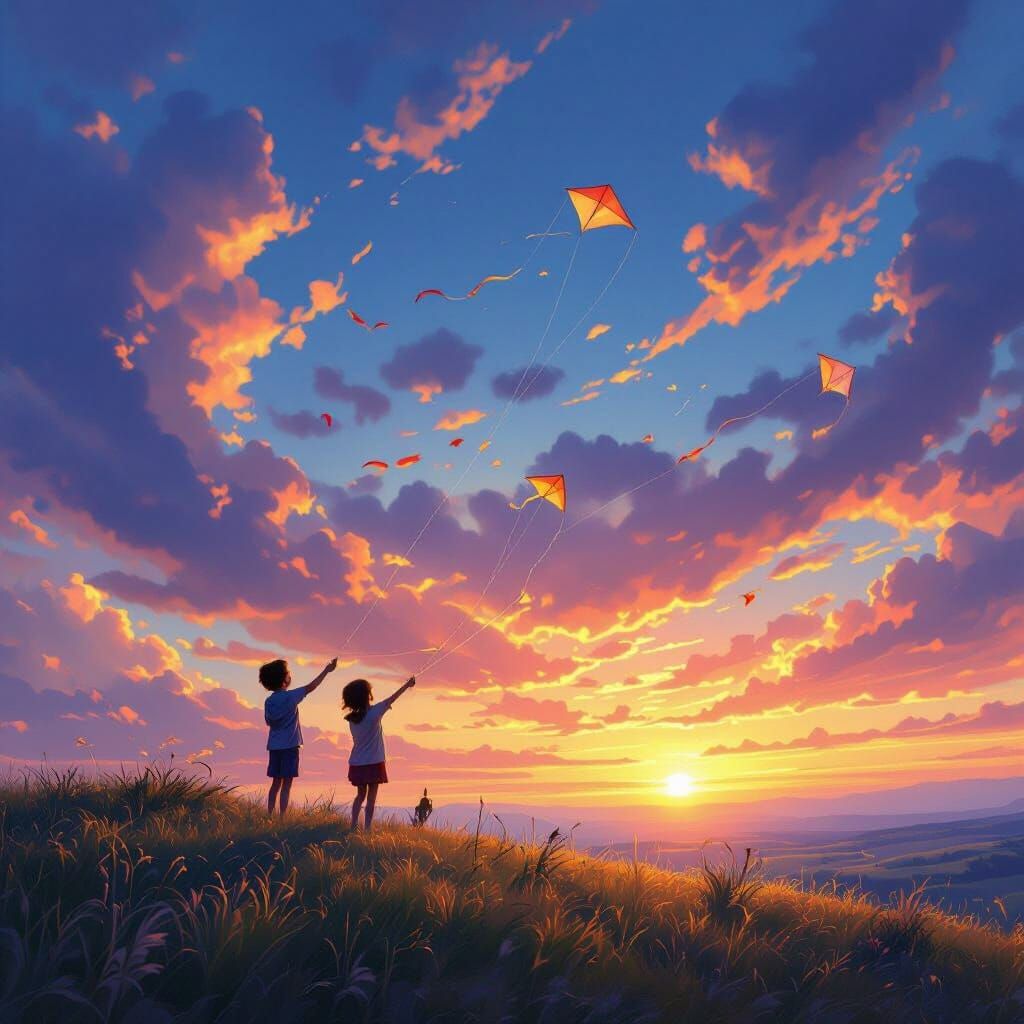 Children Flying Kites on Windswept Hill at Sunset