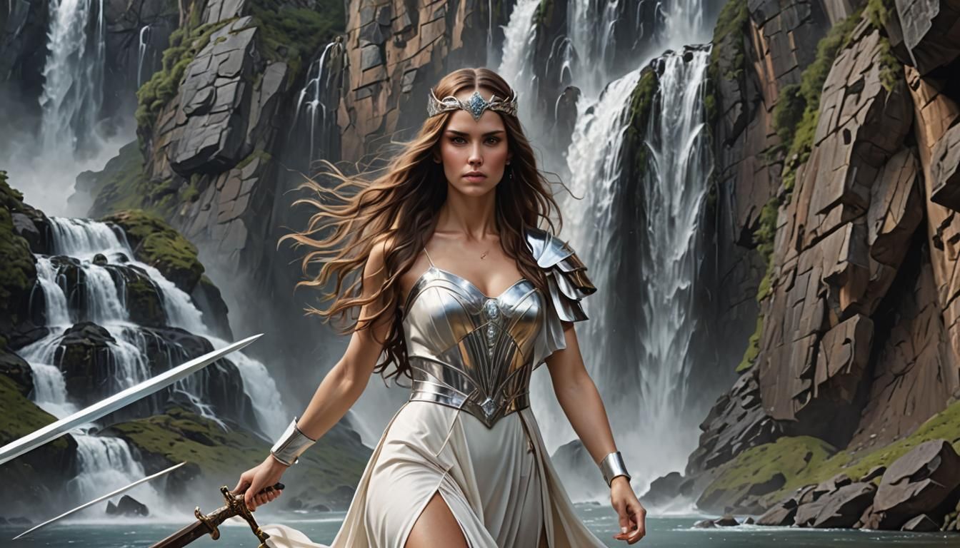 Strong Woman with Crystal Sword and Waterfall Mirror