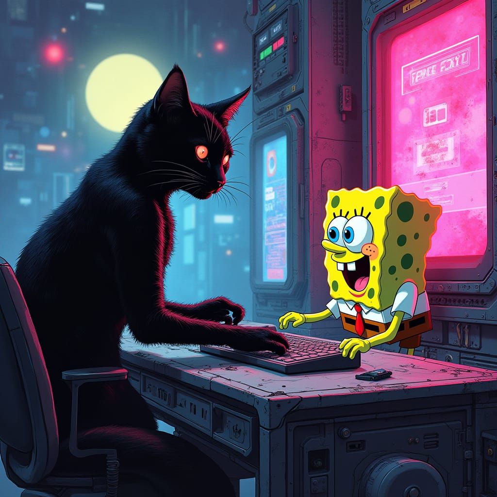 Sleek Cat and SpongeBob Hacking Mainframe in Cyberpunk Style