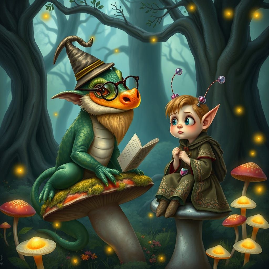 Bearded Dragon Giving Sage Advice To Nervous Elf