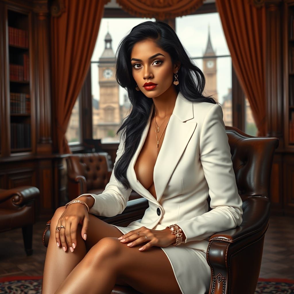 Sleek Tamil Businesswoman Exudes Power in Vintage Office