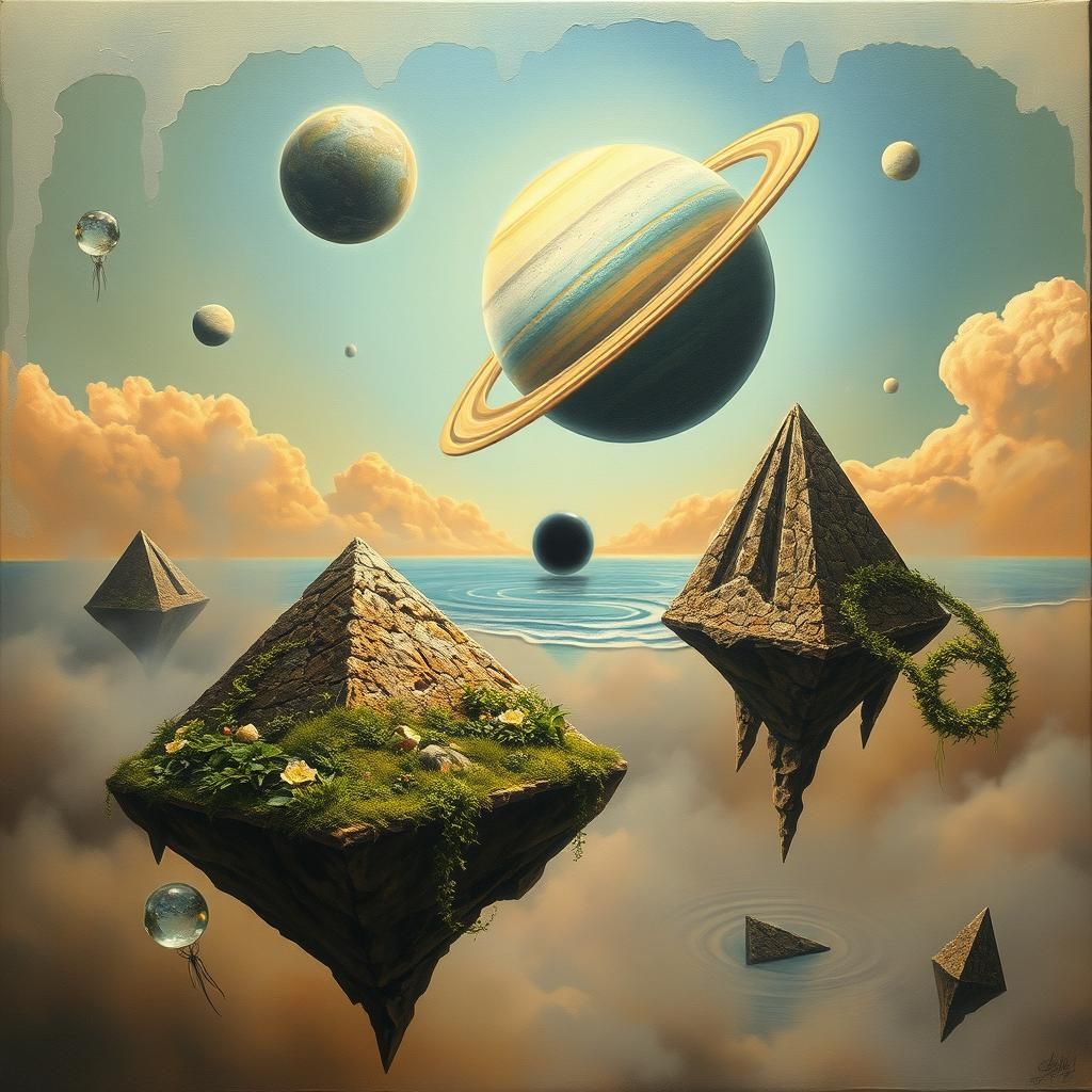 Surreal Sky Islands with Ringed Planet in Dreamscape