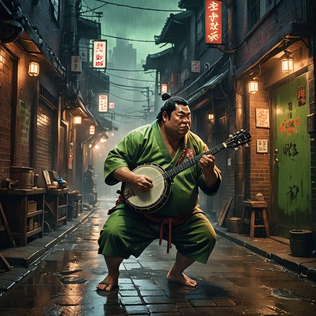 Sumo Wrestler Plays Banjo in Dimly Lit Alley