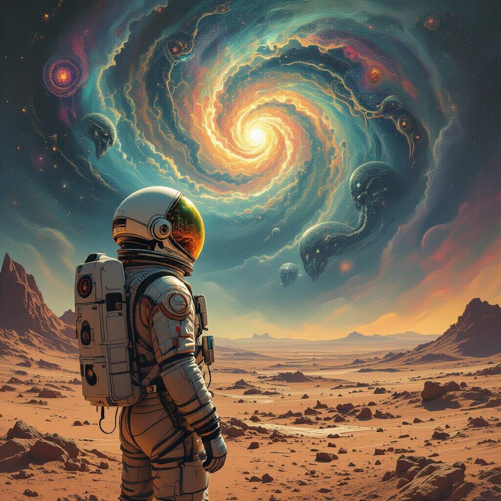 Astronaut Confronts Cosmic Horror in Surreal Alien Landscape