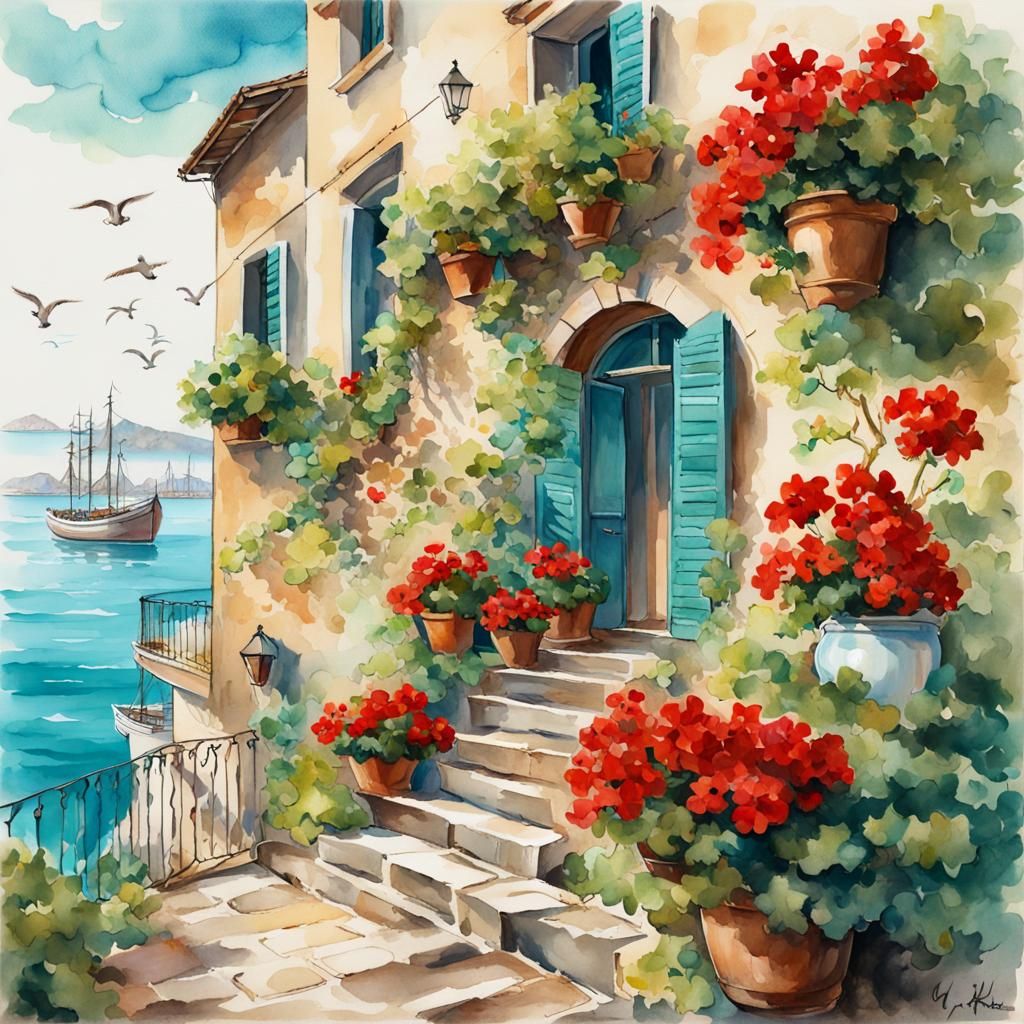 Italian Seaside Street in Vintage Watercolor Style