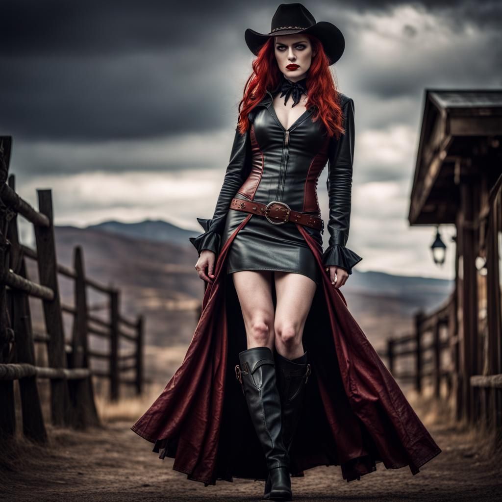 Hyperrealistic Vampire Cowgirl in Leather Dress