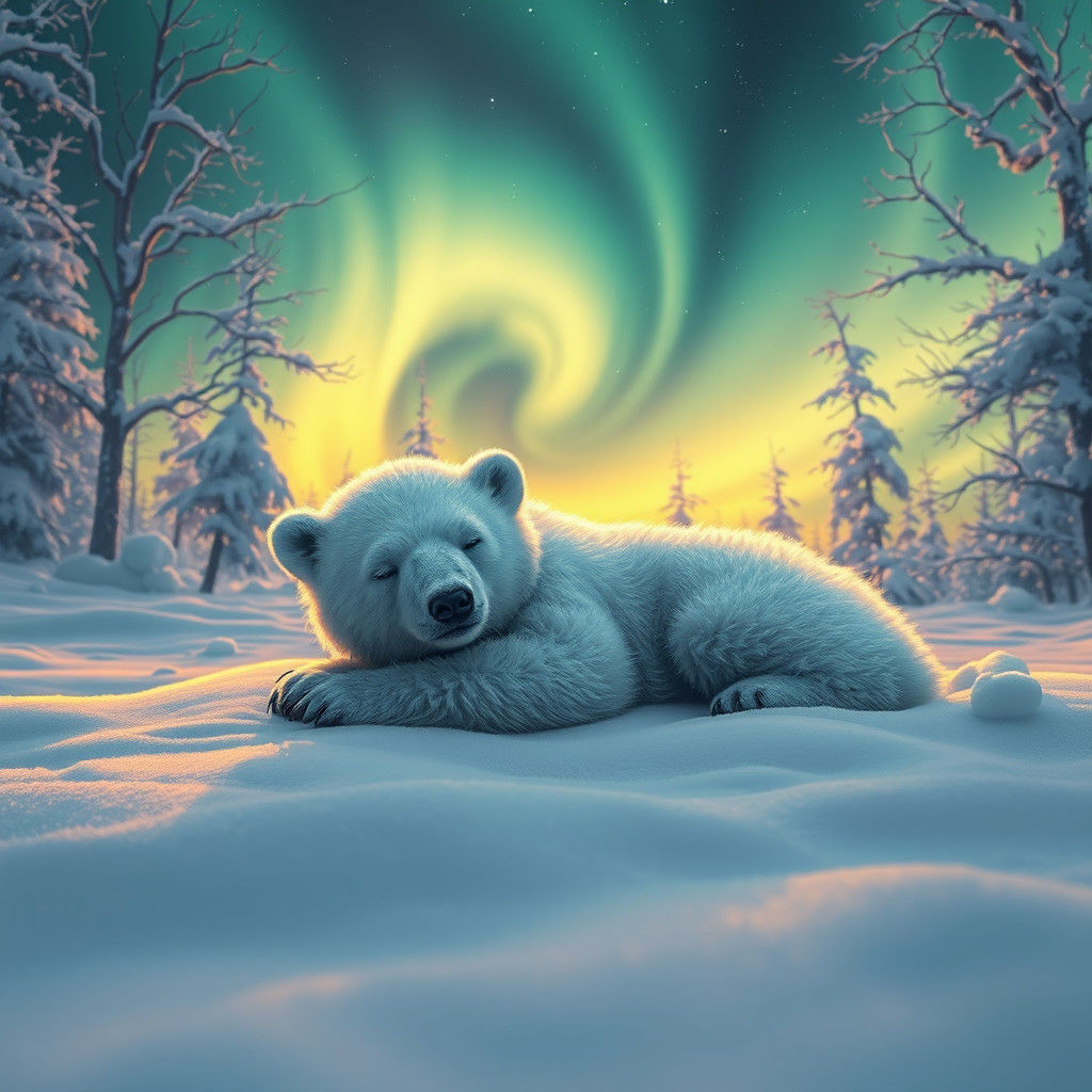 Baby Polar Bear Asleep Under Northern Lights