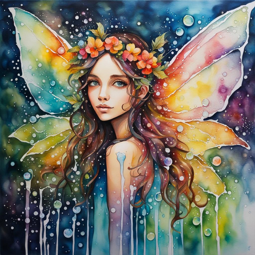 Vibrant Fairy in Watercolor and Acrylics with Bokeh