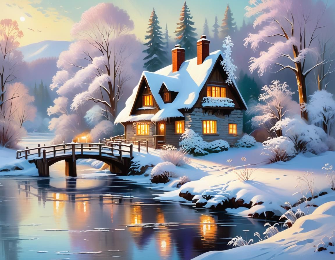 Serene Winter Cottage on Frozen Riverbank