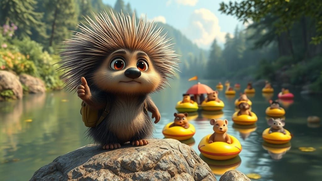 Quirky Porcupine Seeks Ride, Surrounded by Whimsical Forest...