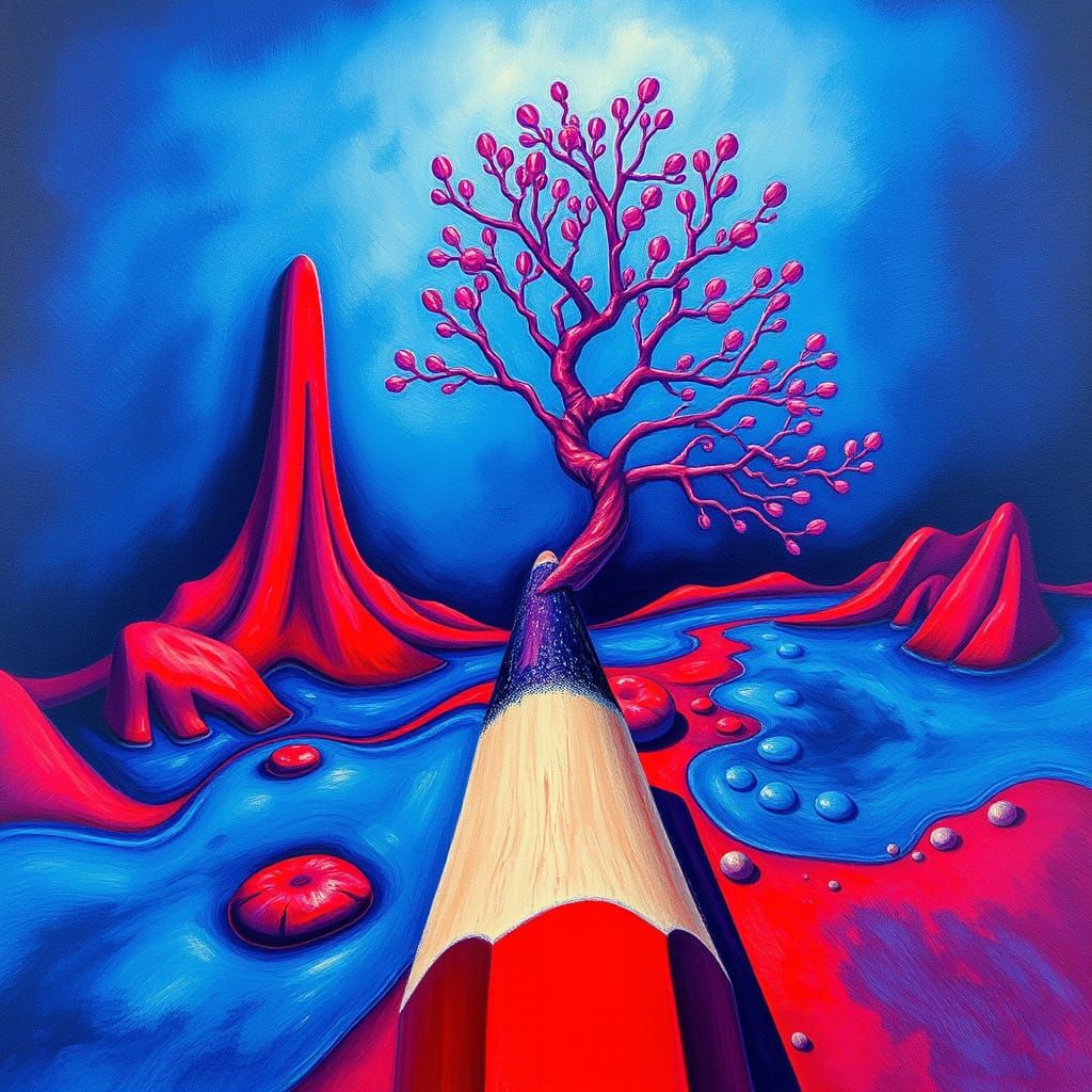 Surreal Violet Tree Grows From Touching Pencils