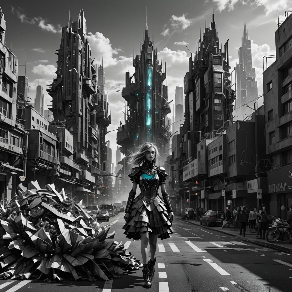 Dystopian Monochrome City with Magical Girl: Selective Color...