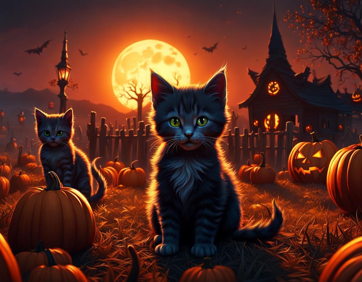 Undead Kittens Growl at Sunset on Halloween
