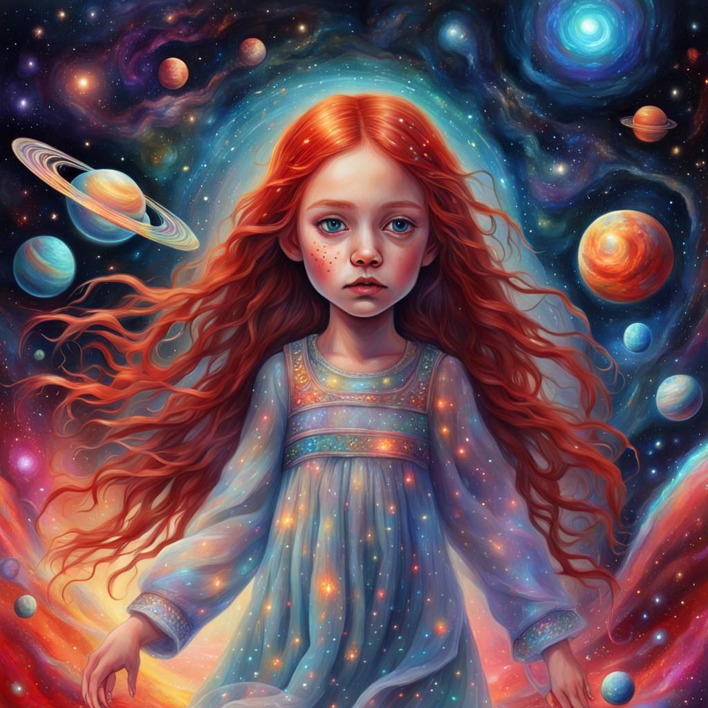 Telekinetic Girl in Nursery: Cosmic Illustration