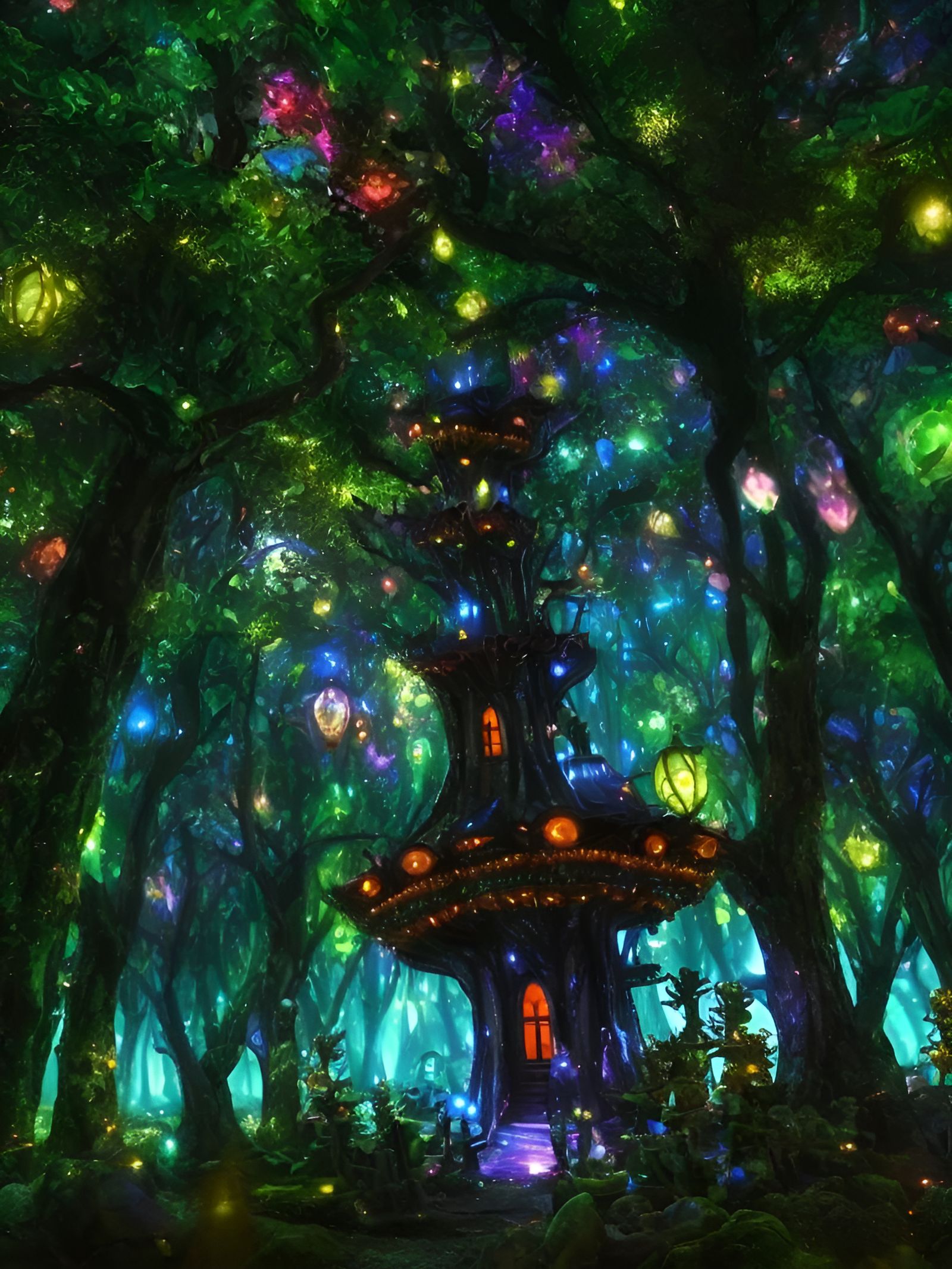 Glowing Tree Village in Dark Fairytale Land