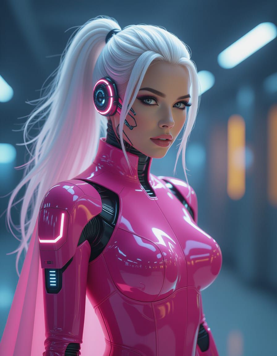 Cybernetic Woman with White Hair in Futuristic Style