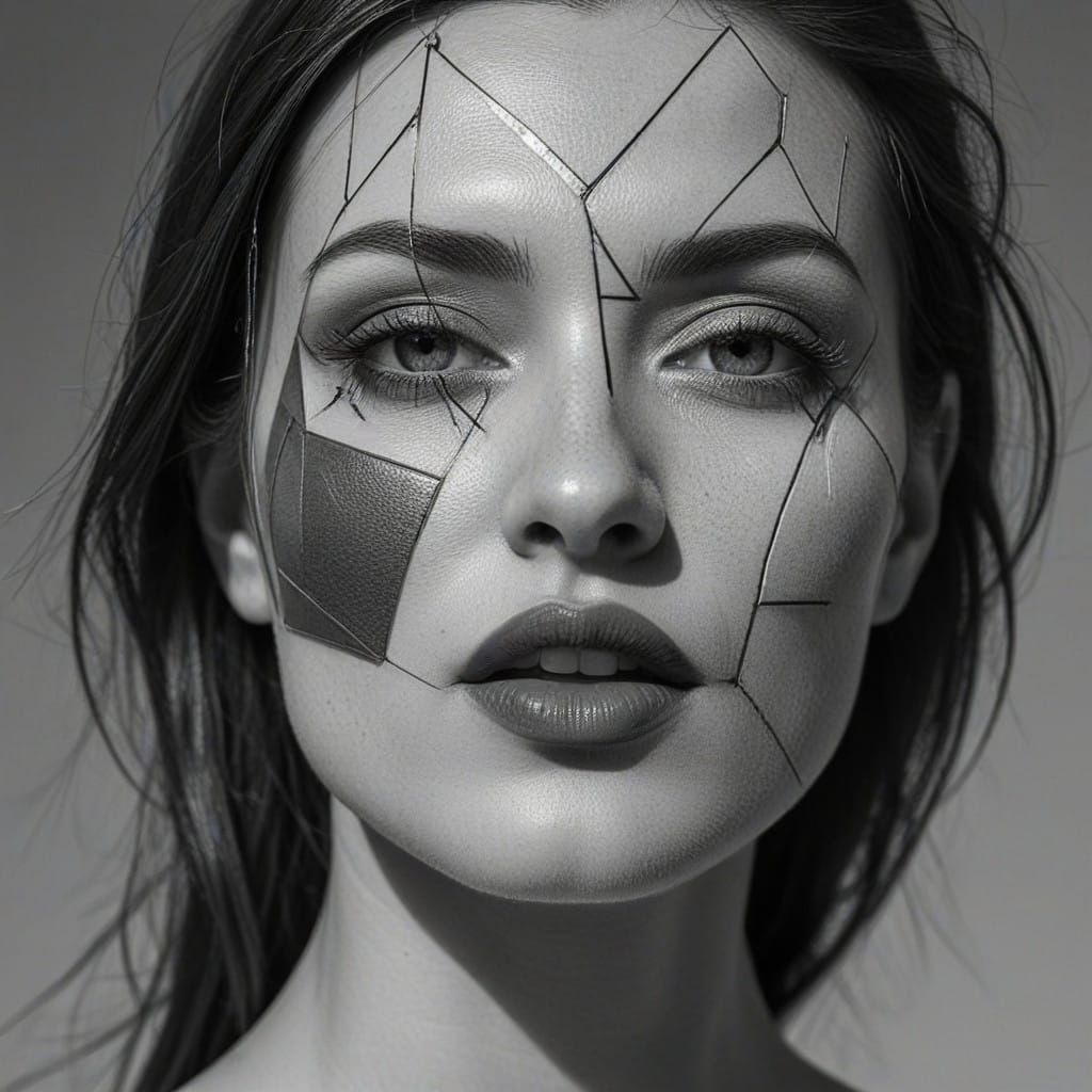 Cubist Dadaist Supermodel Portrait in Black and White