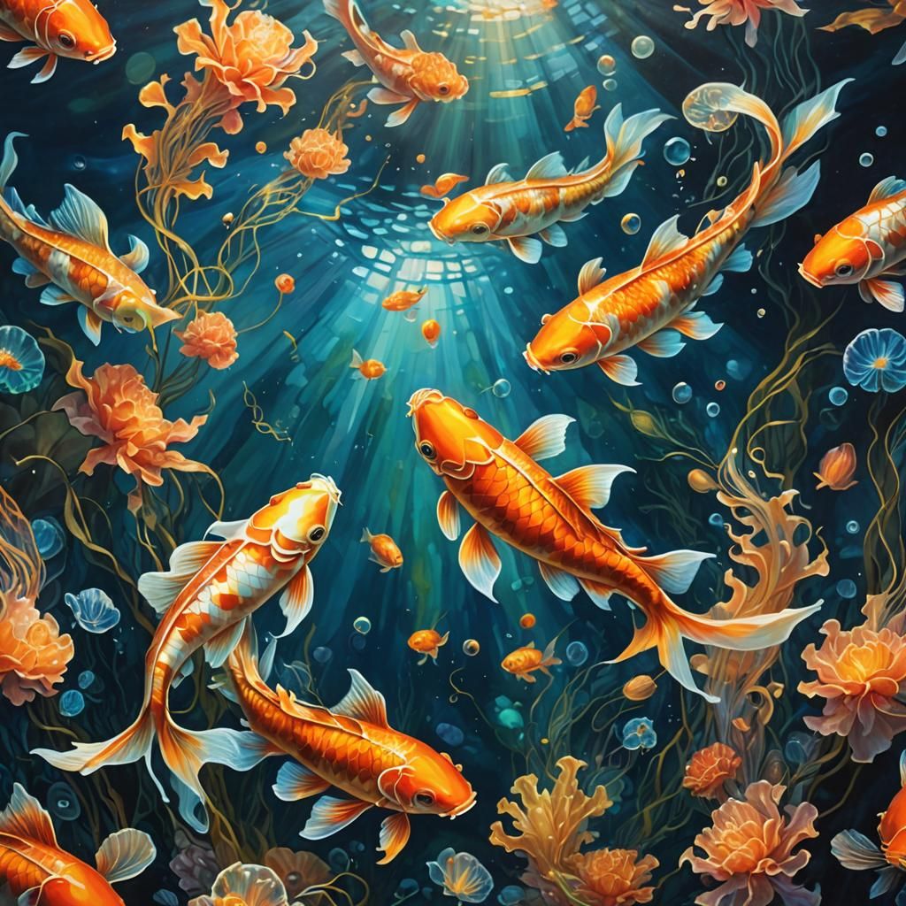 Glowing Stained Glass Koi Fish Underwater, Oil Painting Styl...